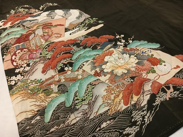平和屋着物●アンティーク 大正ロマン 黒留袖 駒刺繍 地紙御所車飛鶴花松文 金彩 正絹 逸品 CABC9808vp