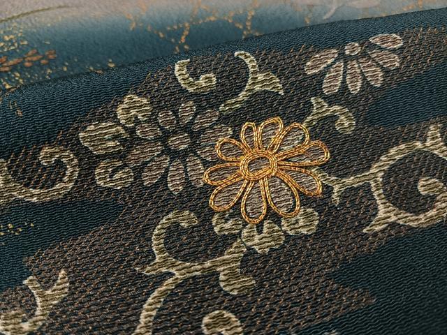 平和屋着物●訪問着 駒刺繍 花唐草格子文 暈し染め 金彩 鬼しぼ縮緬 正絹 逸品 CABC9956vp
