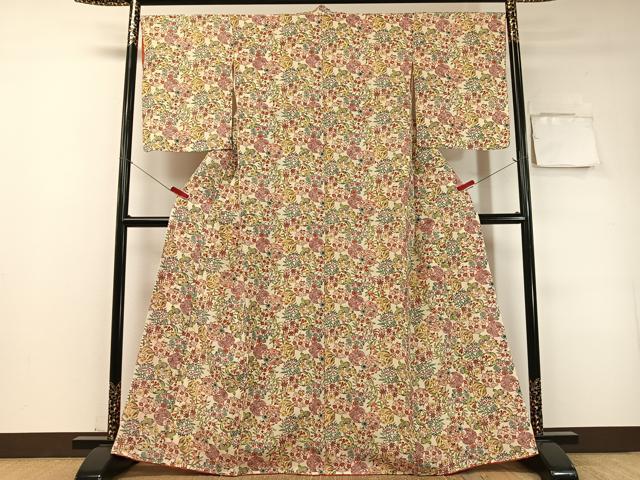 平和屋着物●上質な小紋 型染め 草花丸文 鬼しぼ縮緬 正絹 逸品 未使用 CABC9983vp
