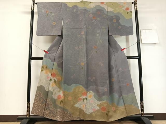 平和屋着物●訪問着 絞り 道長花文 金通し地 正絹 逸品 CABC9988vp