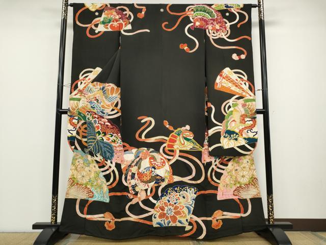 平和屋着物●アンティーク 大正ロマン 振袖 刺繍 扇面飛鶴草花文 黒地 金銀彩 正絹 逸品 CABD0022ut
