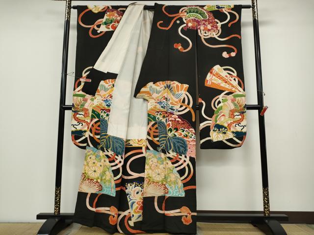 平和屋着物●アンティーク 大正ロマン 振袖 刺繍 扇面飛鶴草花文 黒地 金銀彩 正絹 逸品 CABD0022ut