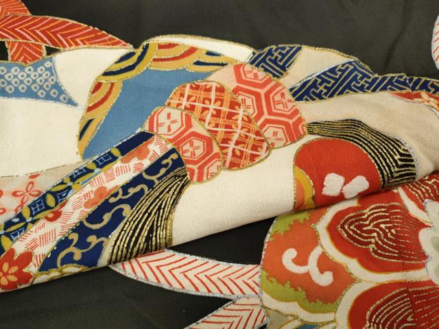 平和屋着物●アンティーク 大正ロマン 振袖 刺繍 扇面飛鶴草花文 黒地 金銀彩 正絹 逸品 CABD0022ut