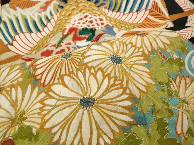 平和屋着物●アンティーク 大正ロマン 振袖 刺繍 扇面飛鶴草花文 黒地 金銀彩 正絹 逸品 CABD0022ut