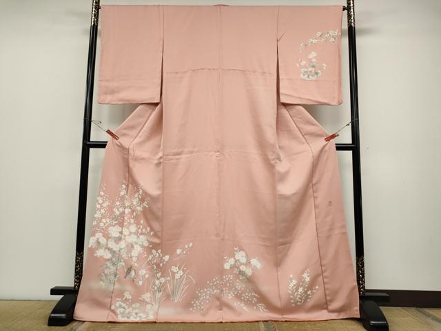 平和屋着物●京友禅作家 打越勇二 訪問着 手描き 休み鳥枝花文 金通し地 ロング丈 正絹 逸品 CABD0029ut