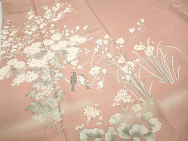 平和屋着物●京友禅作家 打越勇二 訪問着 手描き 休み鳥枝花文 金通し地 ロング丈 正絹 逸品 CABD0029ut