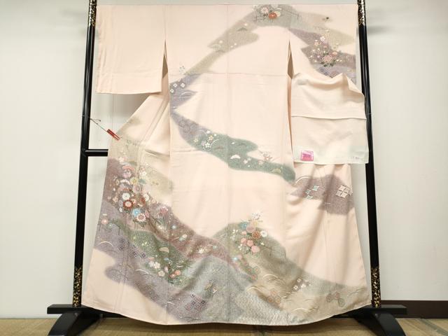 平和屋着物●訪問着 研彩織 草花文 たたき染め 金彩 反端付き 正絹 逸品 未使用 CABD0052ut