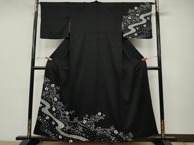 平和屋着物●訪問着 総絞り 流水枝花文 黒地 正絹 逸品 CABD0061ut