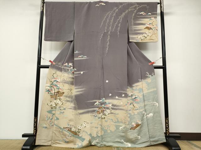 平和屋着物●訪問着 流水風景花文 暈し染め 金彩 鬼しぼ縮緬 正絹 逸品 CABD0065ut
