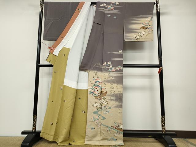平和屋着物●訪問着 流水風景花文 暈し染め 金彩 鬼しぼ縮緬 正絹 逸品 CABD0065ut