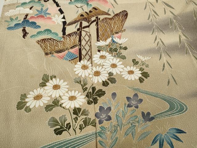 平和屋着物●訪問着 流水風景花文 暈し染め 金彩 鬼しぼ縮緬 正絹 逸品 CABD0065ut