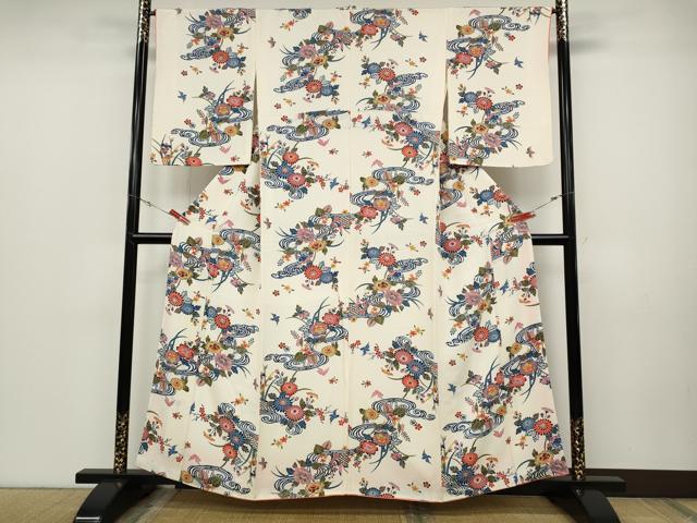 平和屋着物●上質な小紋 型染め 流水花鳥文 正絹 逸品 CABD0137ut