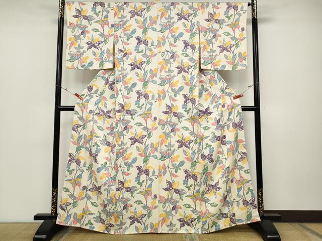 平和屋着物●上質な小紋 型染め 舞蝶枝花文 正絹 逸品 CABD0155ut