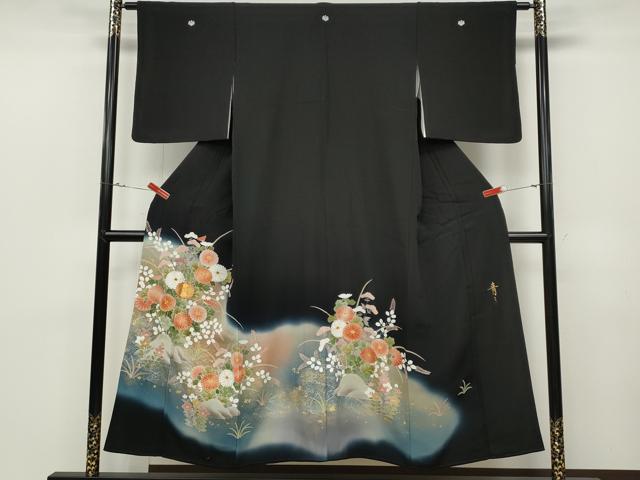 平和屋着物●京友禅の第一人者 松井青々 黒留袖 駒刺繍 草花文 暈し染め 金彩 正絹 逸品 CABD0175ut