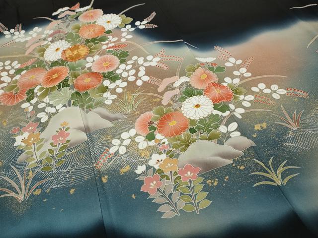 平和屋着物●京友禅の第一人者 松井青々 黒留袖 駒刺繍 草花文 暈し染め 金彩 正絹 逸品 CABD0175ut