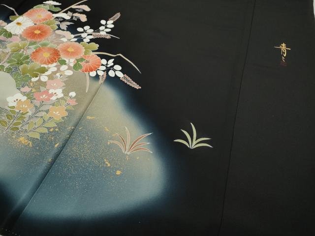 平和屋着物●京友禅の第一人者 松井青々 黒留袖 駒刺繍 草花文 暈し染め 金彩 正絹 逸品 CABD0175ut