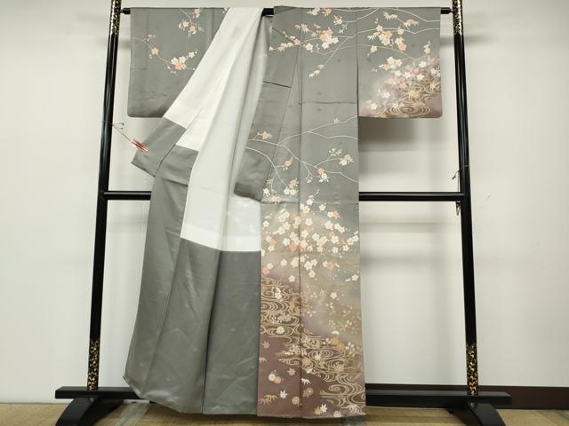 平和屋着物●訪問着 駒刺繍 流水枝花文 暈し染め 金彩 正絹 逸品 CABD0274ut