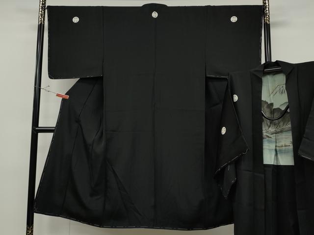 平和屋着物●男性 黒紋付・羽織セット 羽裏:風景文 正絹 逸品 未使用 CABD0295ut
