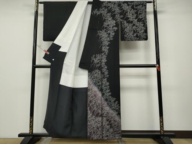 平和屋着物●訪問着 草木文 暈し染め 黒地 銀彩 正絹 逸品 未使用 CABD0311ut