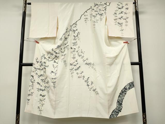 平和屋着物●長襦袢 袷 作家物 手描き 枝垂れ桜文 半衿刺繍 正絹 逸品 未使用 CABD0317ut