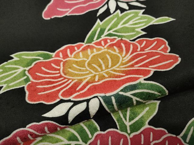 平和屋着物●上質な小紋 型染め 舞花文 黒地 正絹 逸品 CABD0330ut