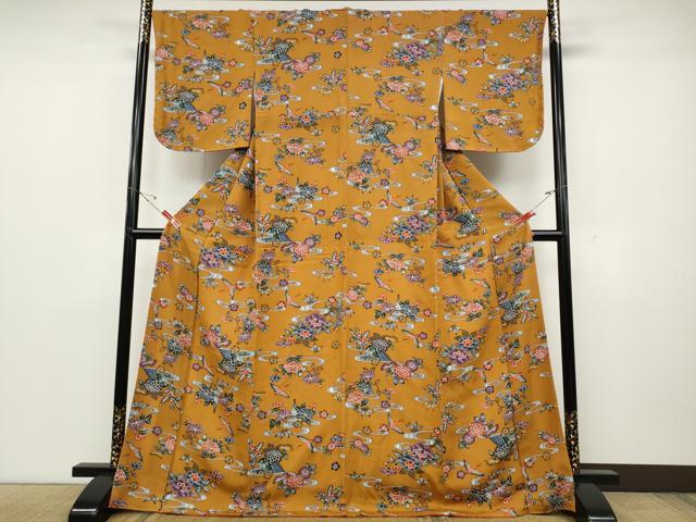 平和屋着物●本場琉球紅型 小紋 飛鶴流水花文 鬼しぼ縮緬 ロング丈 正絹 逸品 CABD0338ut