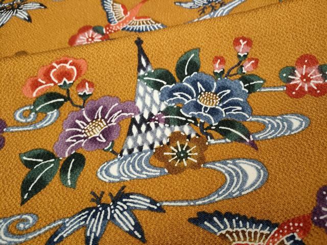 平和屋着物●本場琉球紅型 小紋 飛鶴流水花文 鬼しぼ縮緬 ロング丈 正絹 逸品 CABD0338ut