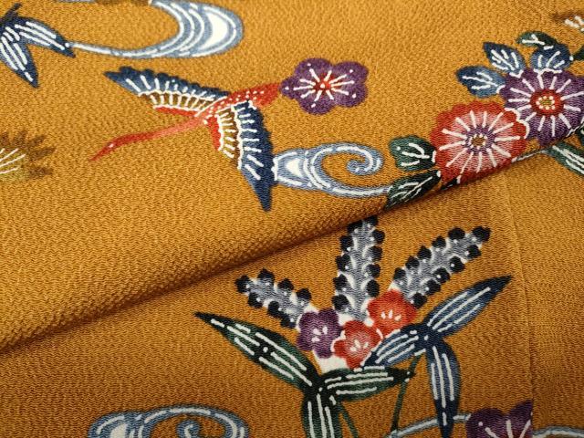 平和屋着物●本場琉球紅型 小紋 飛鶴流水花文 鬼しぼ縮緬 ロング丈 正絹 逸品 CABD0338ut