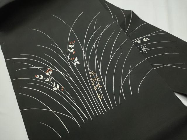 平和屋着物●塩瀬 九寸名古屋帯 草花文 黒地 金糸 正絹 逸品 CABD0421hy