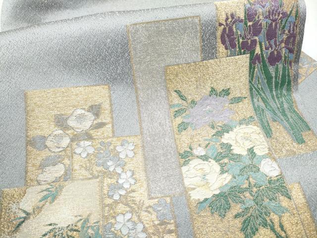 平和屋着物●九寸名古屋帯 寿光織 琳派色紙絵図 銀通し地 正絹 逸品 CABD0482hy