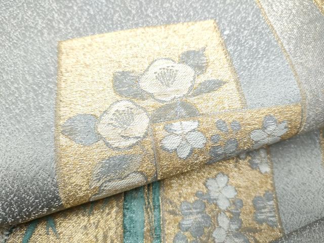 平和屋着物●九寸名古屋帯 寿光織 琳派色紙絵図 銀通し地 正絹 逸品 CABD0482hy