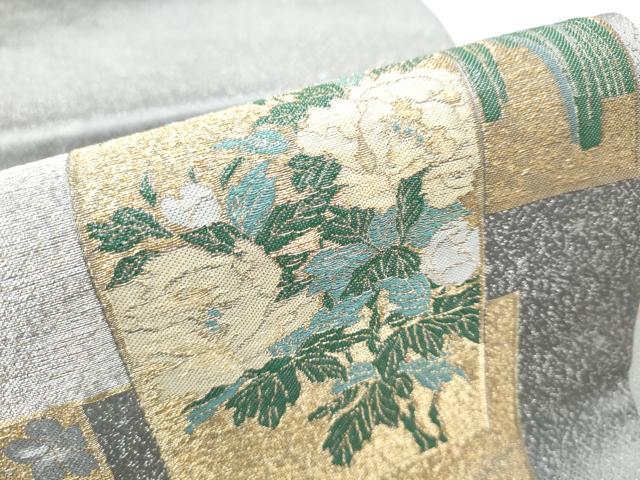 平和屋着物●九寸名古屋帯 寿光織 琳派色紙絵図 銀通し地 正絹 逸品 CABD0482hy