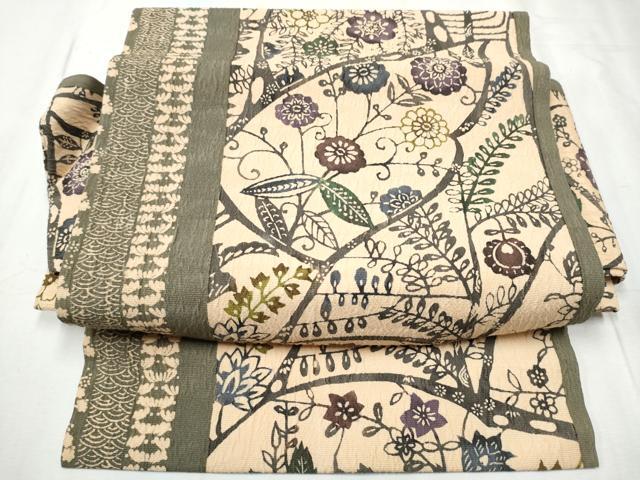 平和屋着物●つけ帯 型染め 花唐草文 正絹 逸品 CABD0492hy