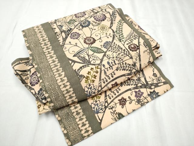 平和屋着物●つけ帯 型染め 花唐草文 正絹 逸品 CABD0492hy