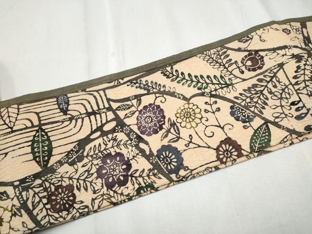 平和屋着物●つけ帯 型染め 花唐草文 正絹 逸品 CABD0492hy