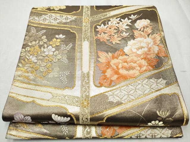 平和屋着物●西陣河村織物謹製・手織り 六通柄袋帯 唐織 吉祥献花文 金糸 正絹 逸品 CABD0538hy
