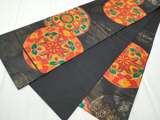 平和屋着物▼六通柄袋帯 手織 絵皿花文 金糸 正絹 逸品 CABD0541hy