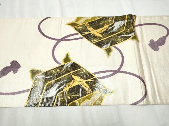平和屋着物▼太鼓柄袋帯 糸巻き飛鶴文 金銀彩 正絹 逸品 CABD0546hy