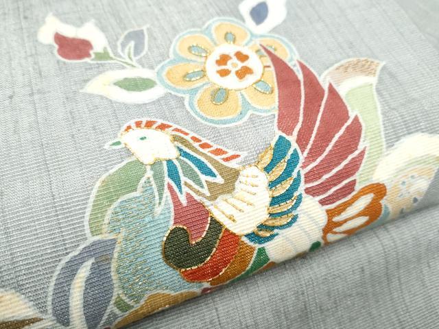 平和屋着物●九寸名古屋帯 紬地 駒刺繍 鳳凰更紗花文 銀通し地 正絹 逸品 CABD0574hy