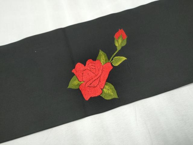 平和屋着物●九寸名古屋帯 総刺繍 薔薇 黒地 正絹 逸品 CABD0588hy