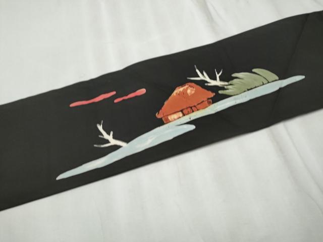 平和屋着物●塩瀬 九寸名古屋帯 手描き ろうけつ染 河童 カッパ 黒地 正絹 逸品 CABD0598hy