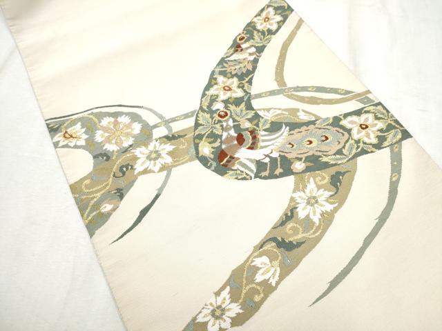 平和屋着物●爪掻き本綴れ 八寸名古屋帯 花鳥文 金糸 正絹 逸品 CABD0618hy