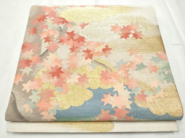 平和屋着物●太鼓柄袋帯 綴れ 雲重ね枝葉文 金糸 正絹 逸品 CABD0652hy