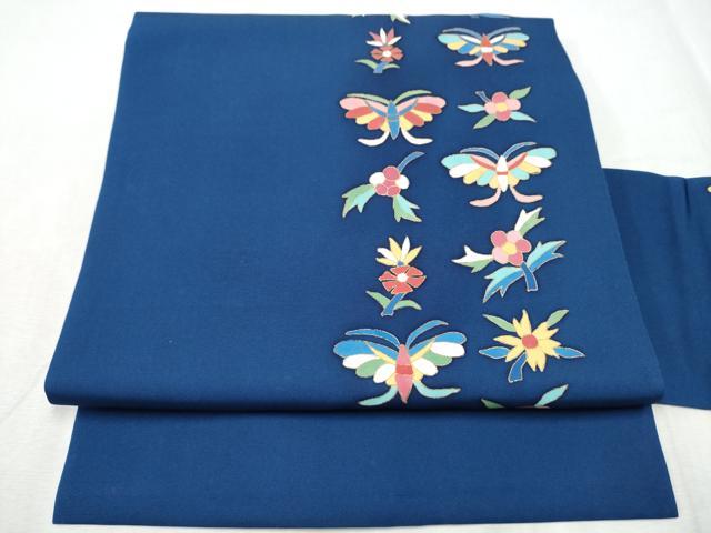 平和屋着物●塩瀬 九寸名古屋帯 型染め 花蝶文 金彩 正絹 逸品 CABD0679hy