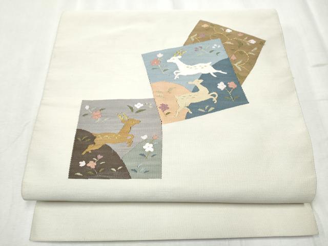 平和屋着物●爪掻き本綴れ 八寸名古屋帯 鹿 色紙重ね花文 正絹 逸品 CABD0681hy