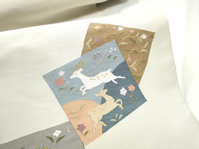 平和屋着物●爪掻き本綴れ 八寸名古屋帯 鹿 色紙重ね花文 正絹 逸品 CABD0681hy