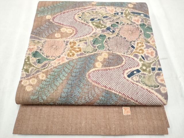 平和屋着物●九寸開き名古屋帯 作家物 紬地 絞り 辻が花 金通し地 正絹 逸品 CABD0685hy