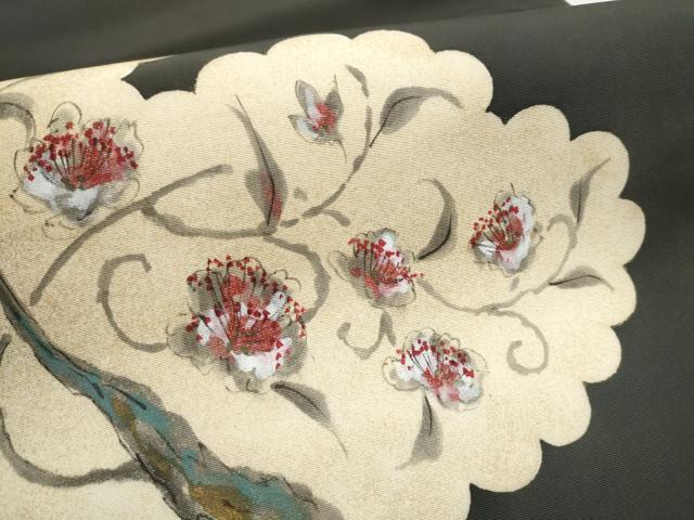 平和屋着物●塩瀬 九寸名古屋帯 手描き 花唐草文 黒地 金彩 正絹 逸品 CABD0687hy