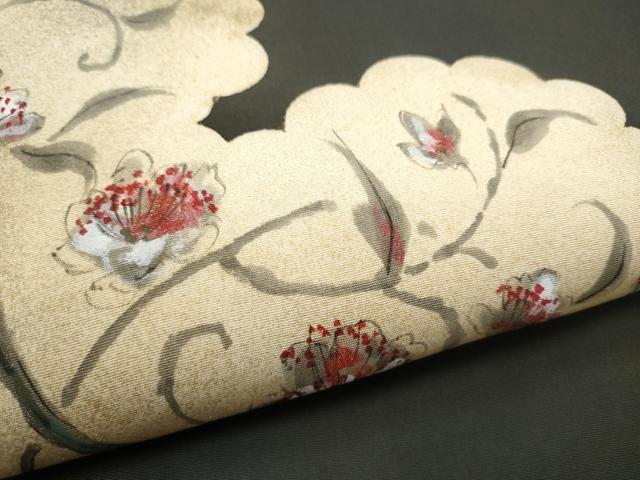 平和屋着物●塩瀬 九寸名古屋帯 手描き 花唐草文 黒地 金彩 正絹 逸品 CABD0687hy