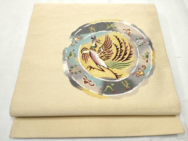平和屋着物●京都西陣織物師 三代目・波多野諦観 爪掻本綴 八寸名古屋帯 絵皿鳳凰花文 金糸 正絹 逸品 CABD0701hy